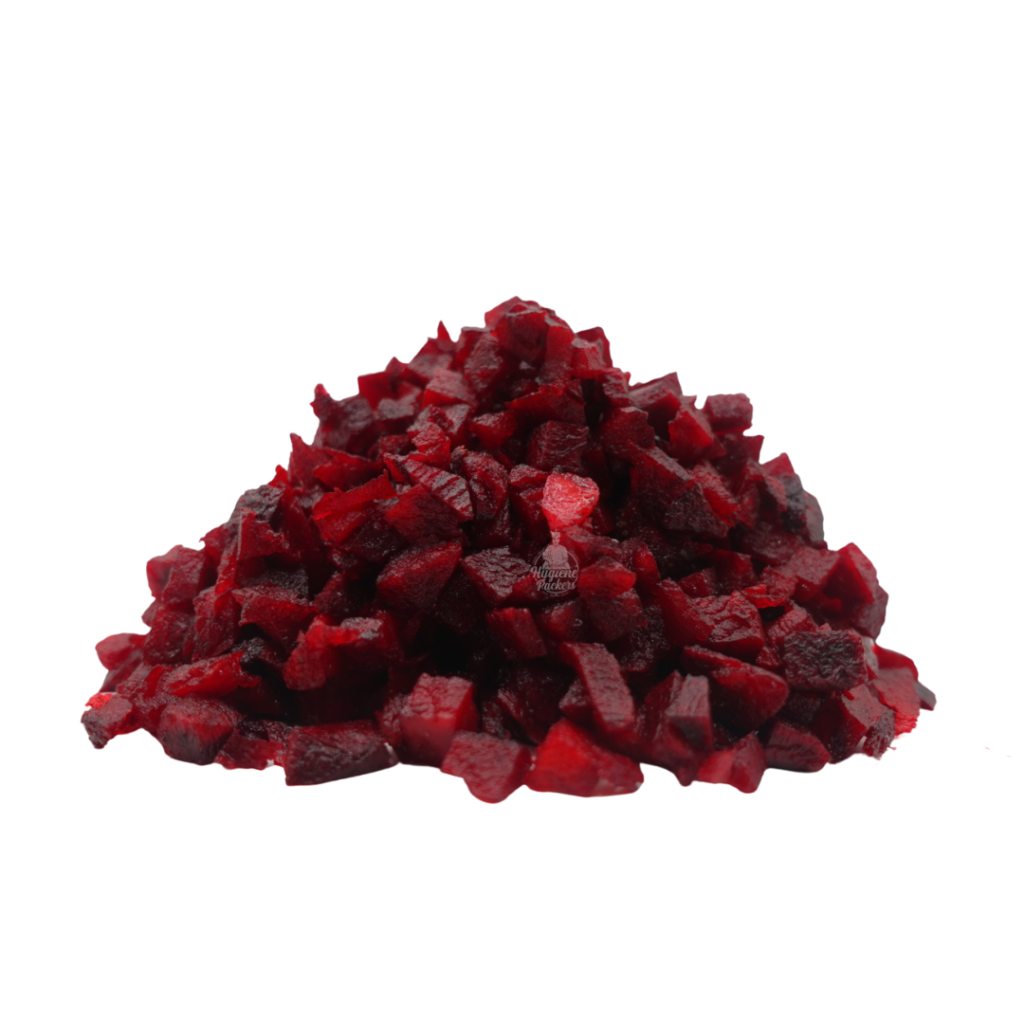 Diced beets on white background