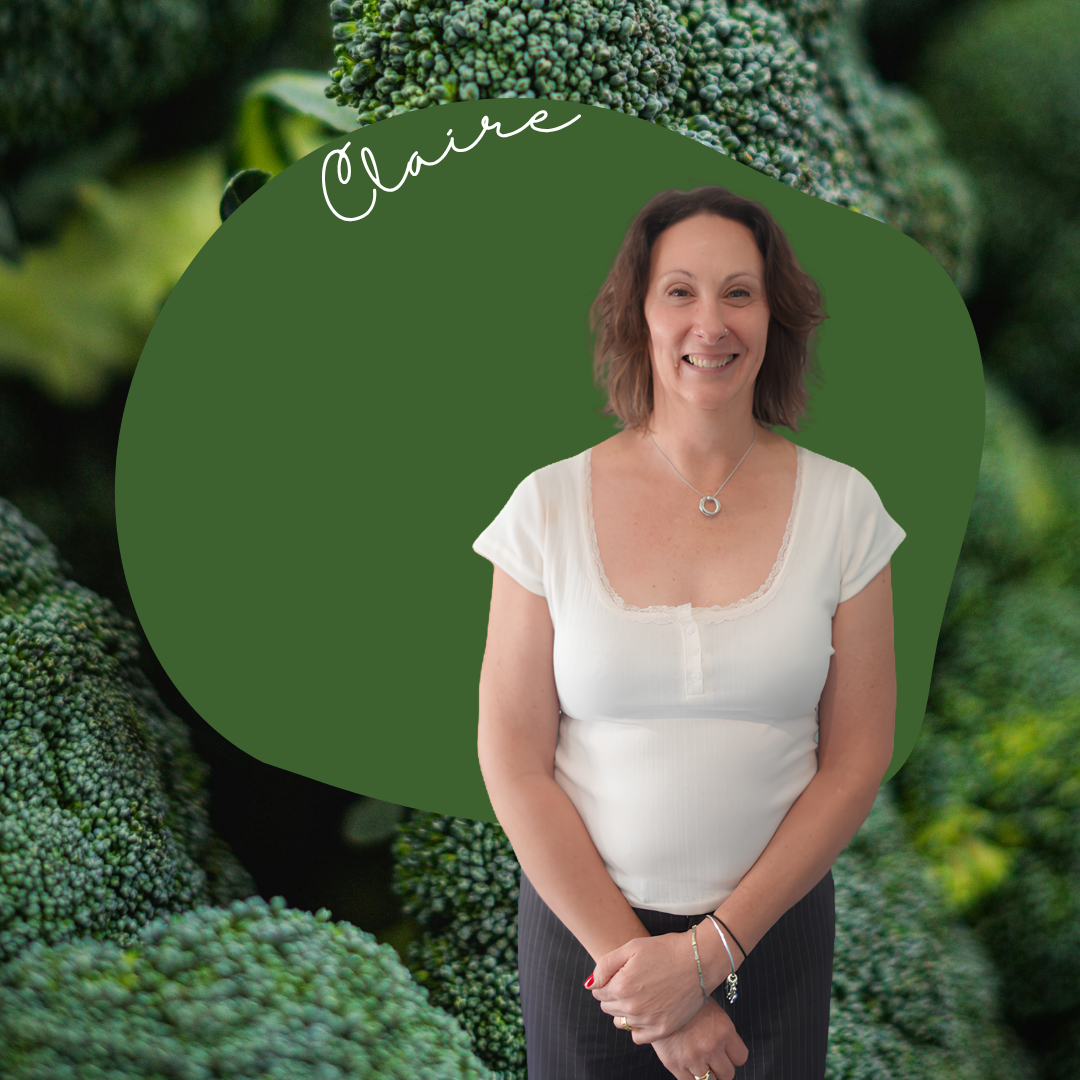Claire with broccoli background