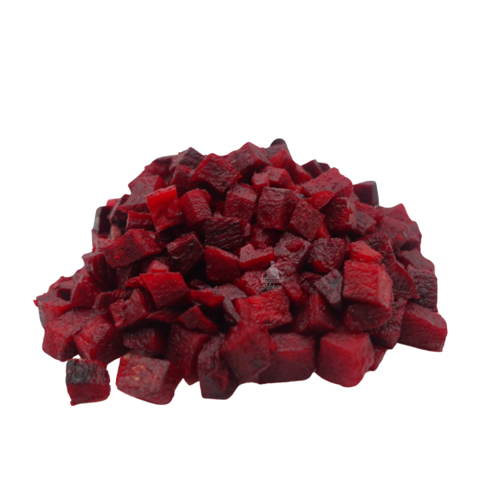 Diced beetroot pile on white